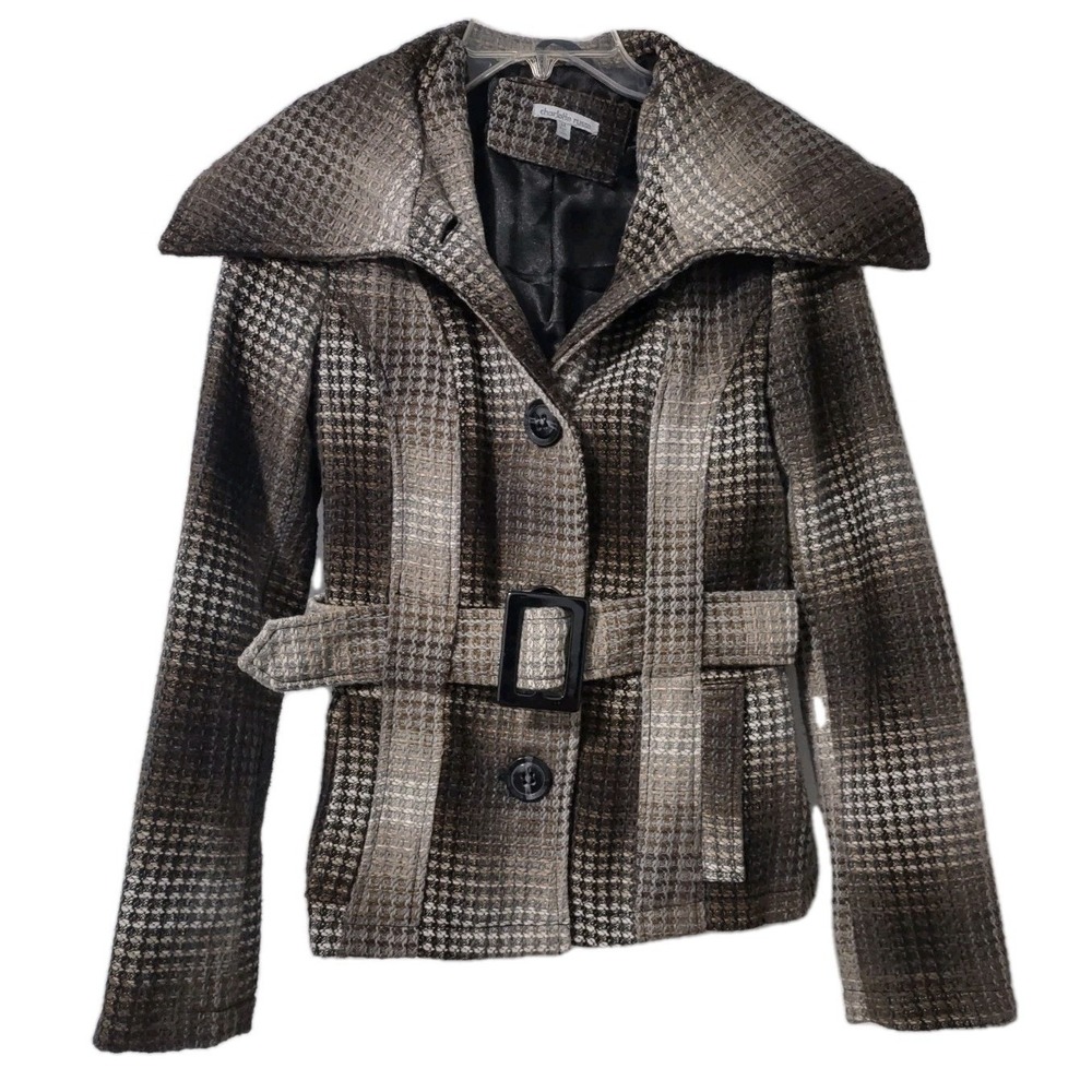 Charlotte Russe Coat Size Medium Button Up Belted Collared Pockets Brown Plaid